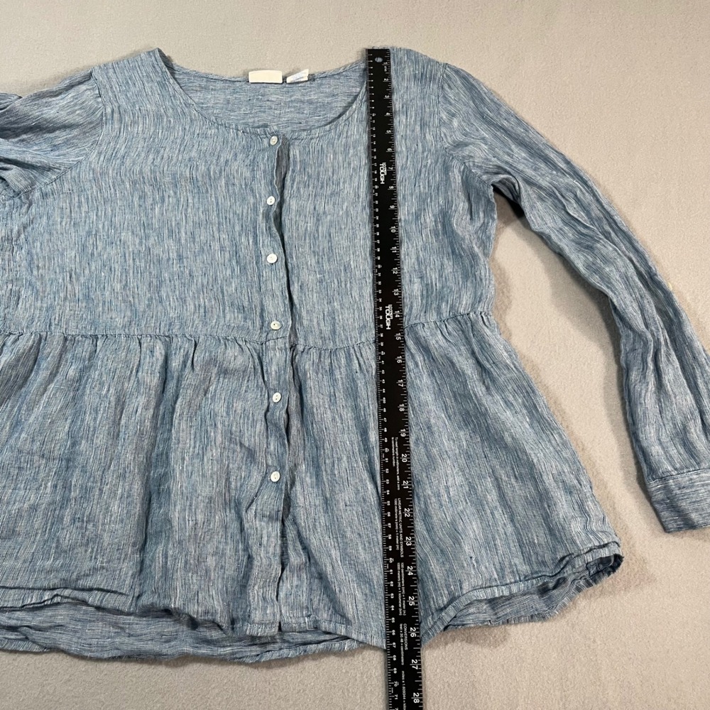Sigrid Olsen Blue Striped 100% Linen Peplum Button Front Long Sleeve Top Women M - Picture 4 of 8